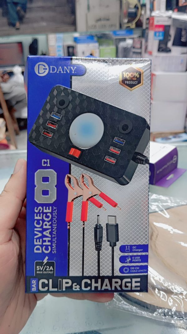 Dany C-1 Clipper Charger | 6 USB Ports | LED Light | DC Solar Mobile Charger | USB Battery Clamp | Power Cable | Short Circuit & Overload Protection - DC Mobile Charger - Original