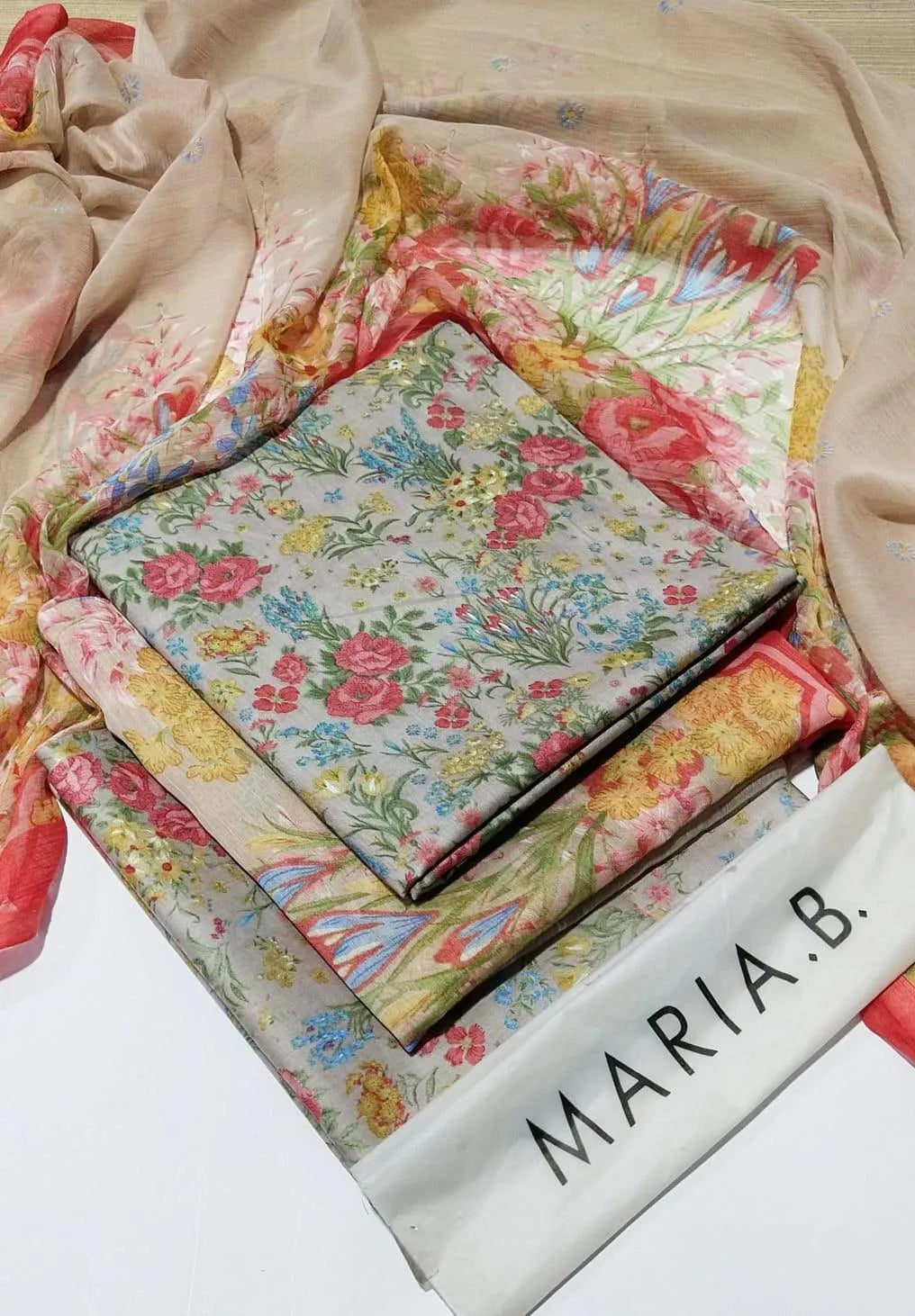 Maria.B Inspired 3-Piece Printed Lawn Suit with Chiffon Dupatta – Grey