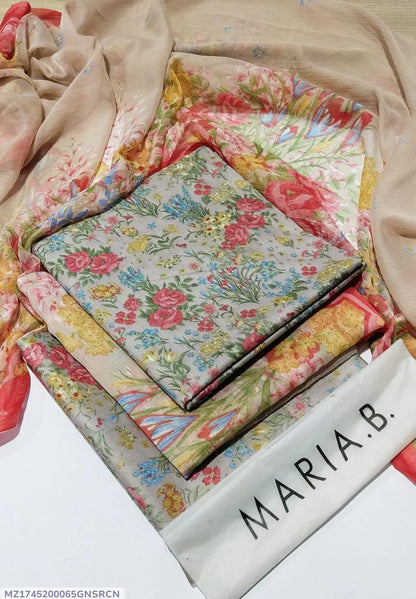 Maria.B Inspired 3-Piece Printed Lawn Suit with Chiffon Dupatta – Grey