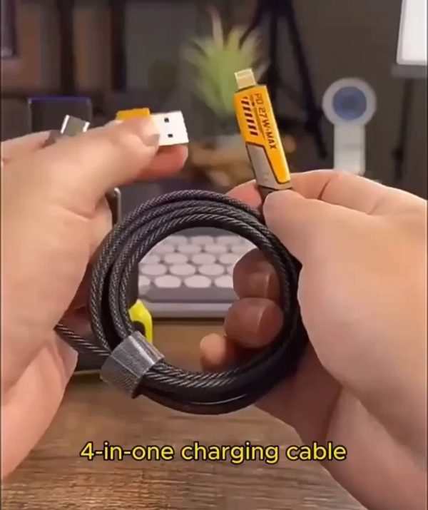 4 In 1 Data Cable Pack Of 2 – Usb-c & Lightning Connectors, Braided Durable Design, Fast Charging & Data Transfer, Black With Yellow Connectors