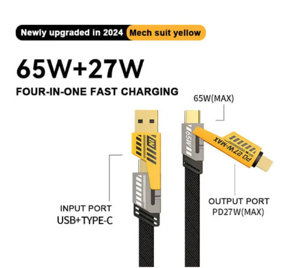 4 In 1 Data Cable Pack Of 2 – Usb-c & Lightning Connectors, Braided Durable Design, Fast Charging & Data Transfer, Black With Yellow Connectors