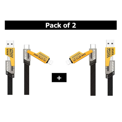 4 In 1 Data Cable Pack Of 2 – Usb-c & Lightning Connectors, Braided Durable Design, Fast Charging & Data Transfer, Black With Yellow Connectors