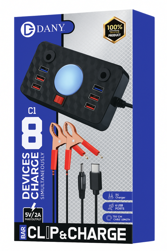 Dany C-1 Clipper Charger | 6 USB Ports | LED Light | DC Solar Mobile Charger | USB Battery Clamp | Power Cable | Short Circuit & Overload Protection - DC Mobile Charger - Original