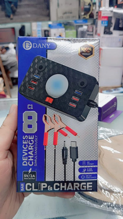 Dany C-1 Clipper Charger | 6 USB Ports | LED Light | DC Solar Mobile Charger | USB Battery Clamp | Power Cable | Short Circuit & Overload Protection - DC Mobile Charger - Original